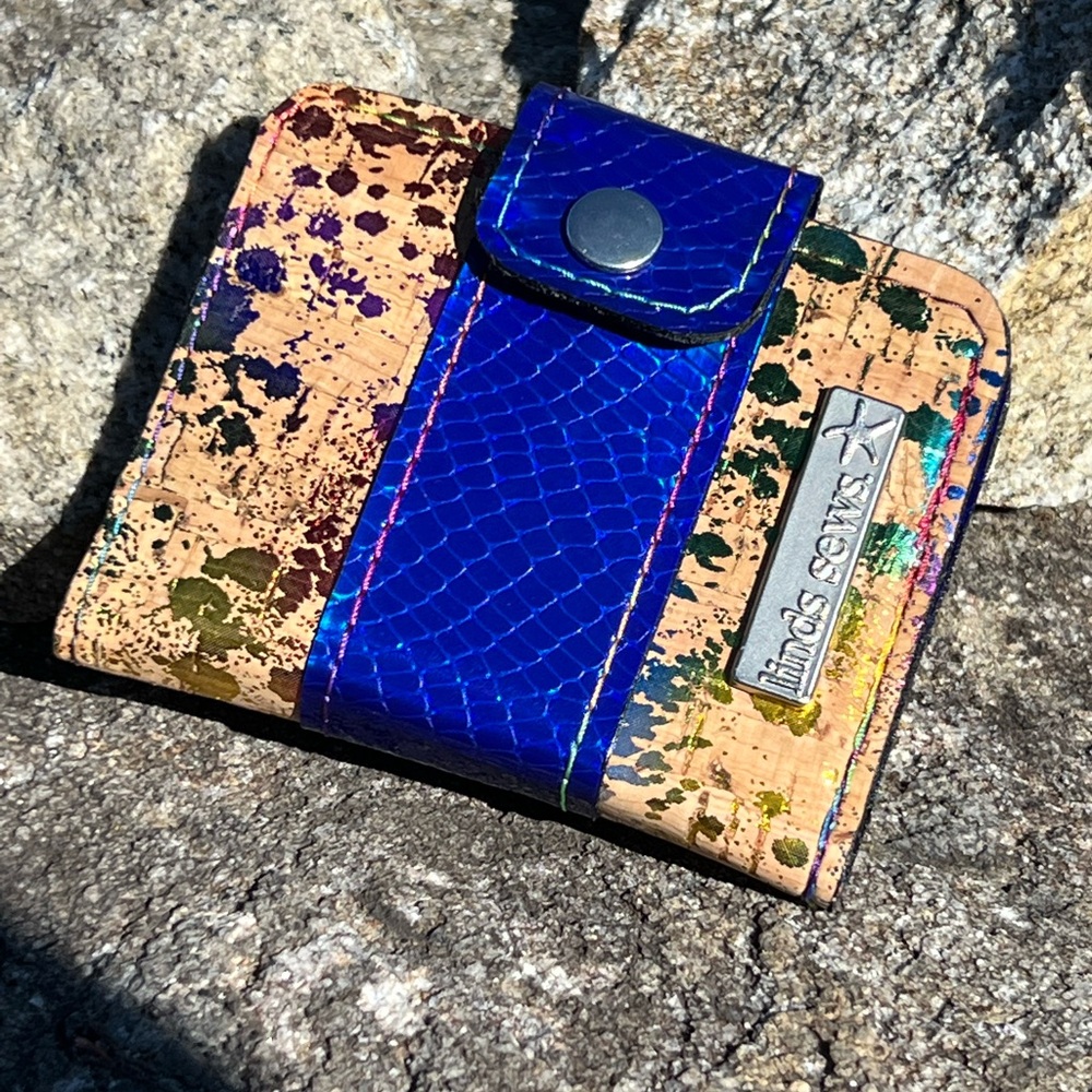 Blue and Multicolor Wallet Cork and Blue Holographic Faux Leather w/ snap close